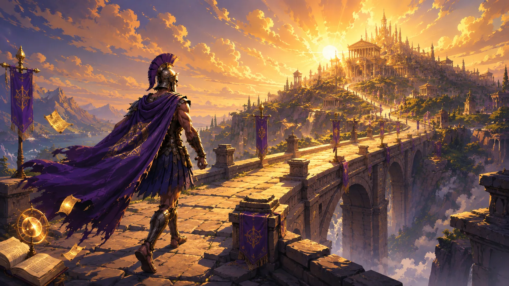 A warrior walking toward a sunrise city