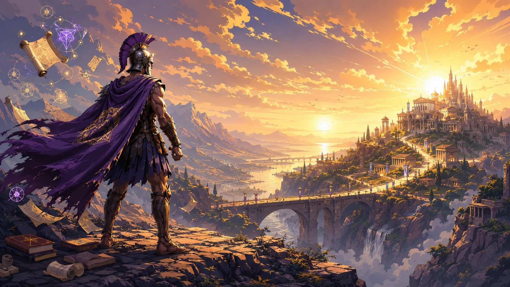 A warrior overlooking a sunrise city